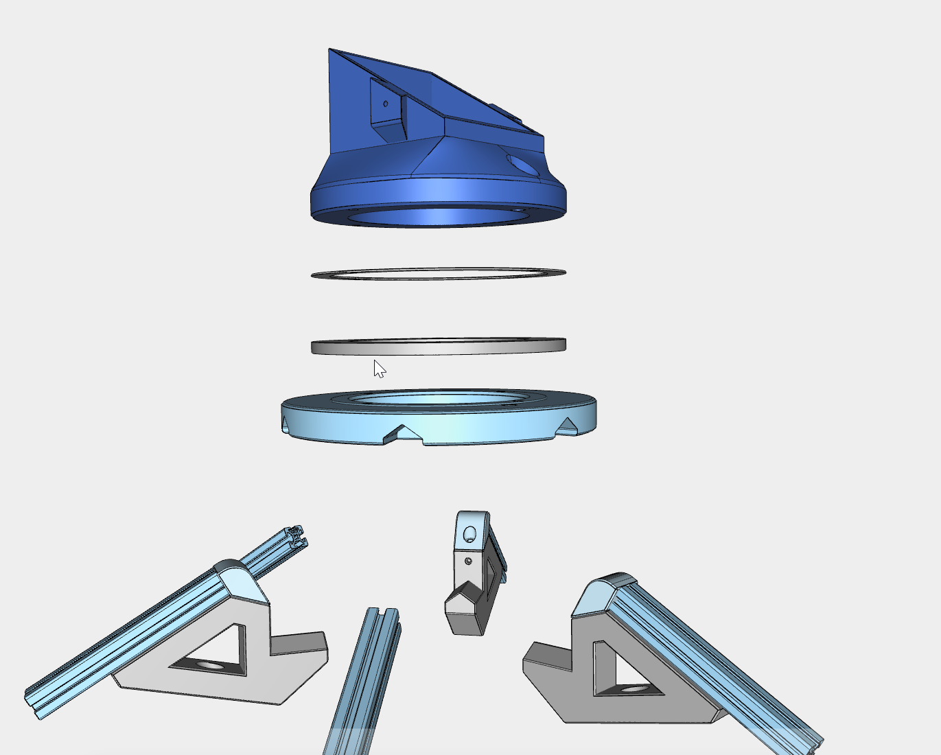 Exploded view of the bottom interface: chute mount on top, Lazy Susan washer, Lazy Susan bearing, and the corner mounting brackets below