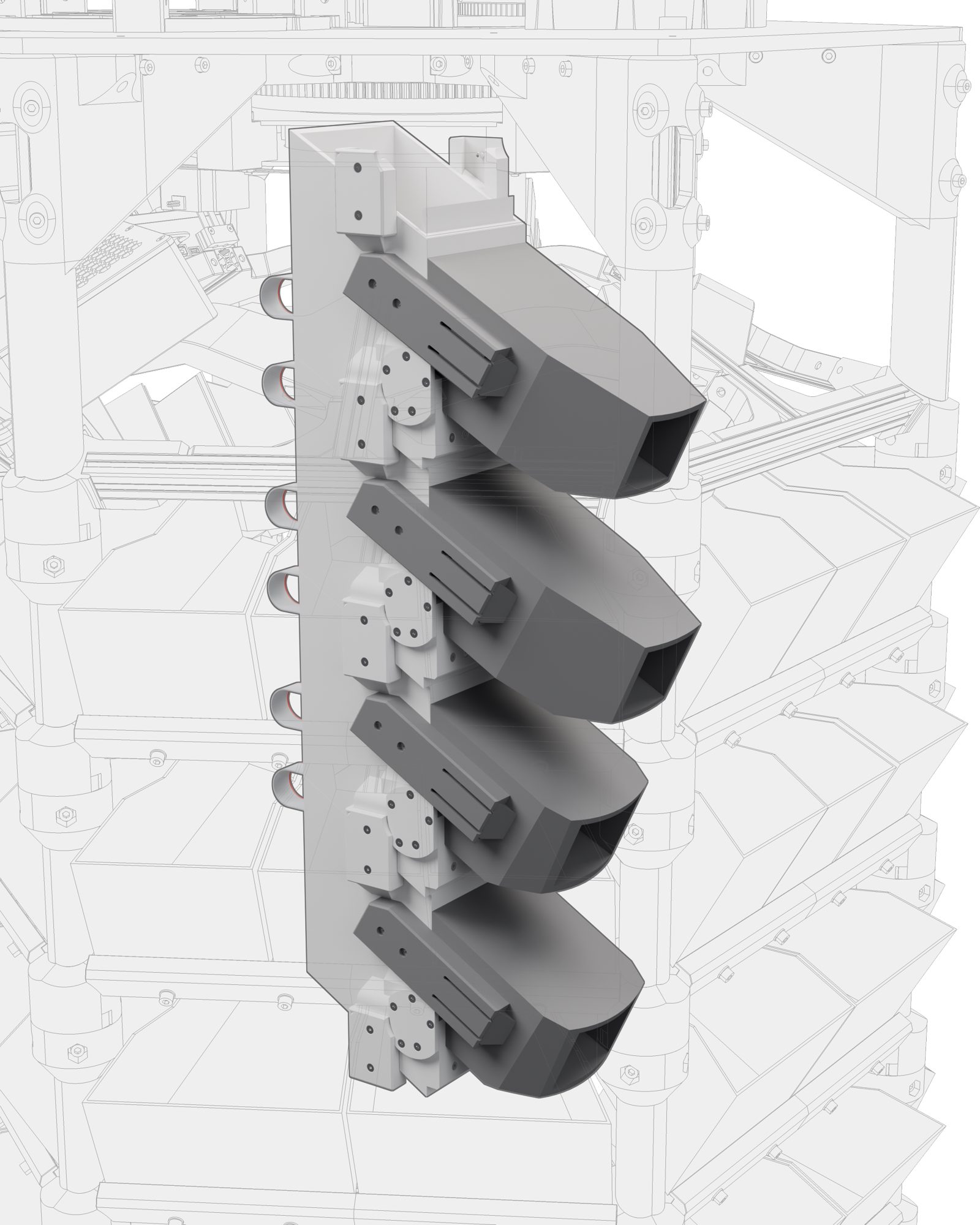 Render of four stacked chutes, each with its door module and funnel, shown solid against a ghosted outline of the frame and bins around them