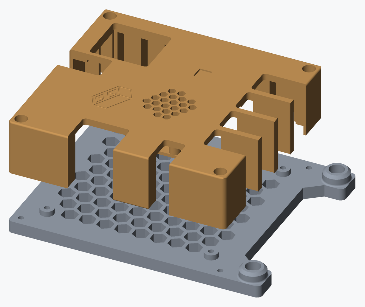 Render of the cover lifted off the base, showing which way round it goes on: the honeycomb vent and logo on the lid, the four corner screw holes over the base's four corner inserts, and the stepper bays over the connector edge