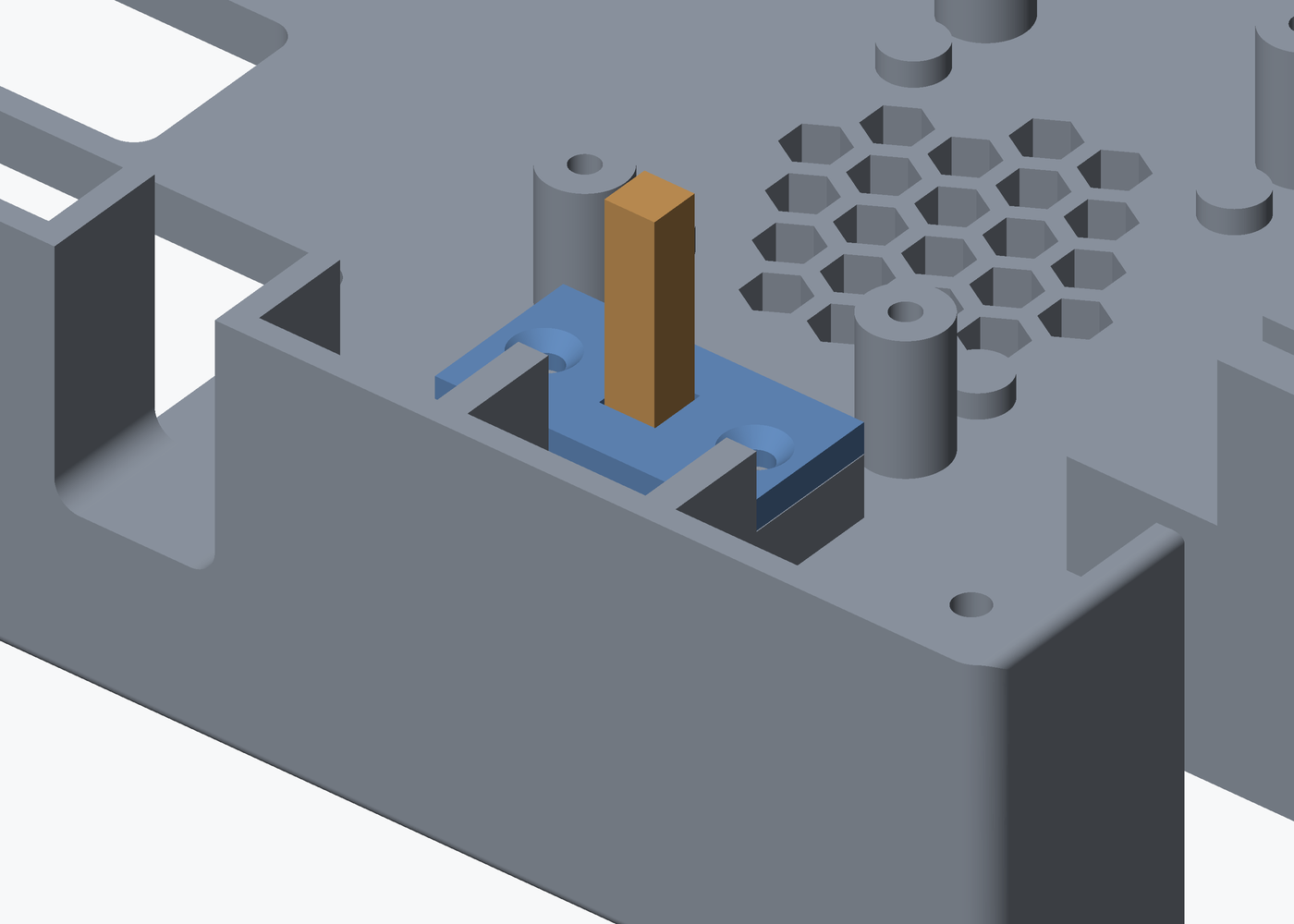 Render of the inside of the cover with the plunger in colour standing up through its slot and the retainer in a second colour screwed down over it on two countersunk screws