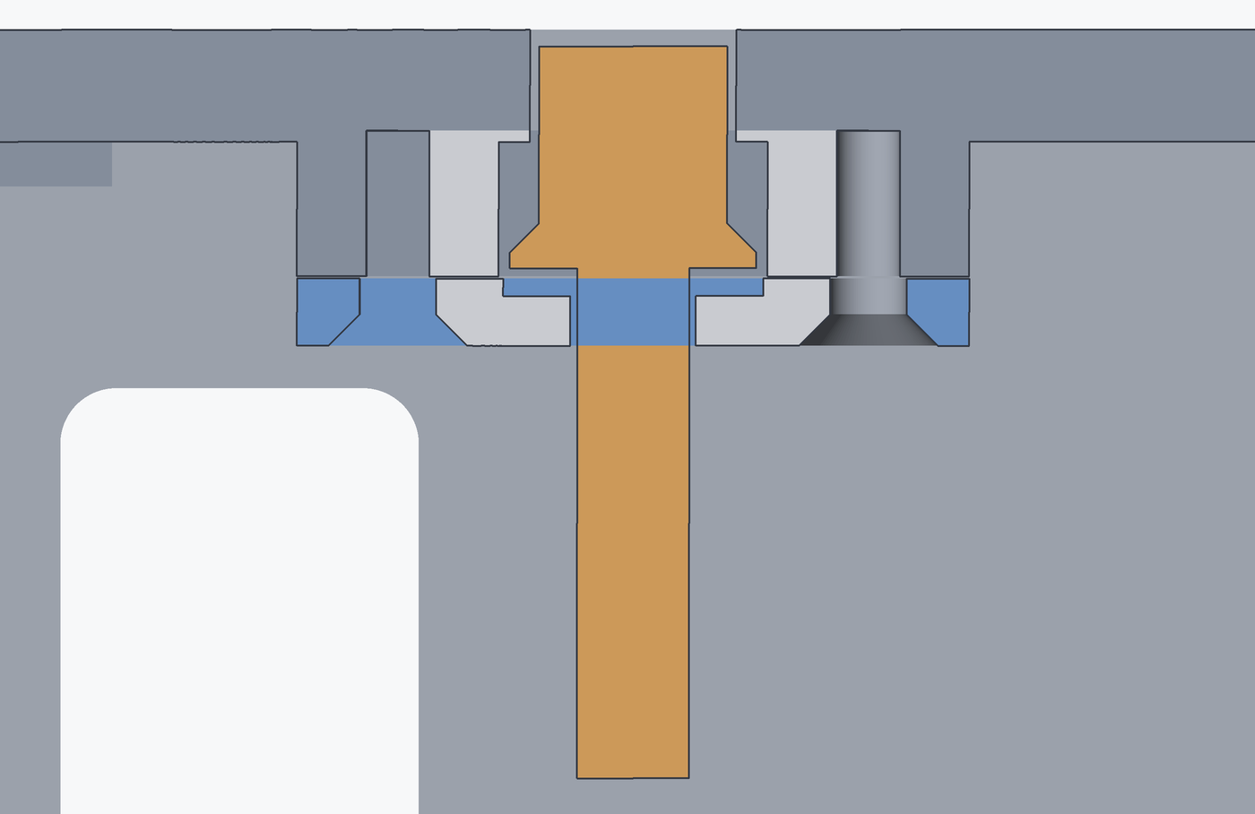 Section through the closed housing at the plunger: the plunger passes down through the lid with its head ending below the lid's outer surface, and the retainer holds it in its slot