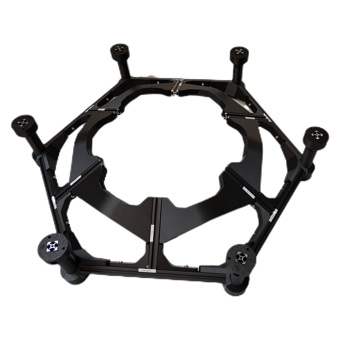 A finished regular layer from above: the hexagon of extrusion with its spokes and crossbeams, and a vertical support capped by an External bracket — bottom vertical standing at each of the six corners