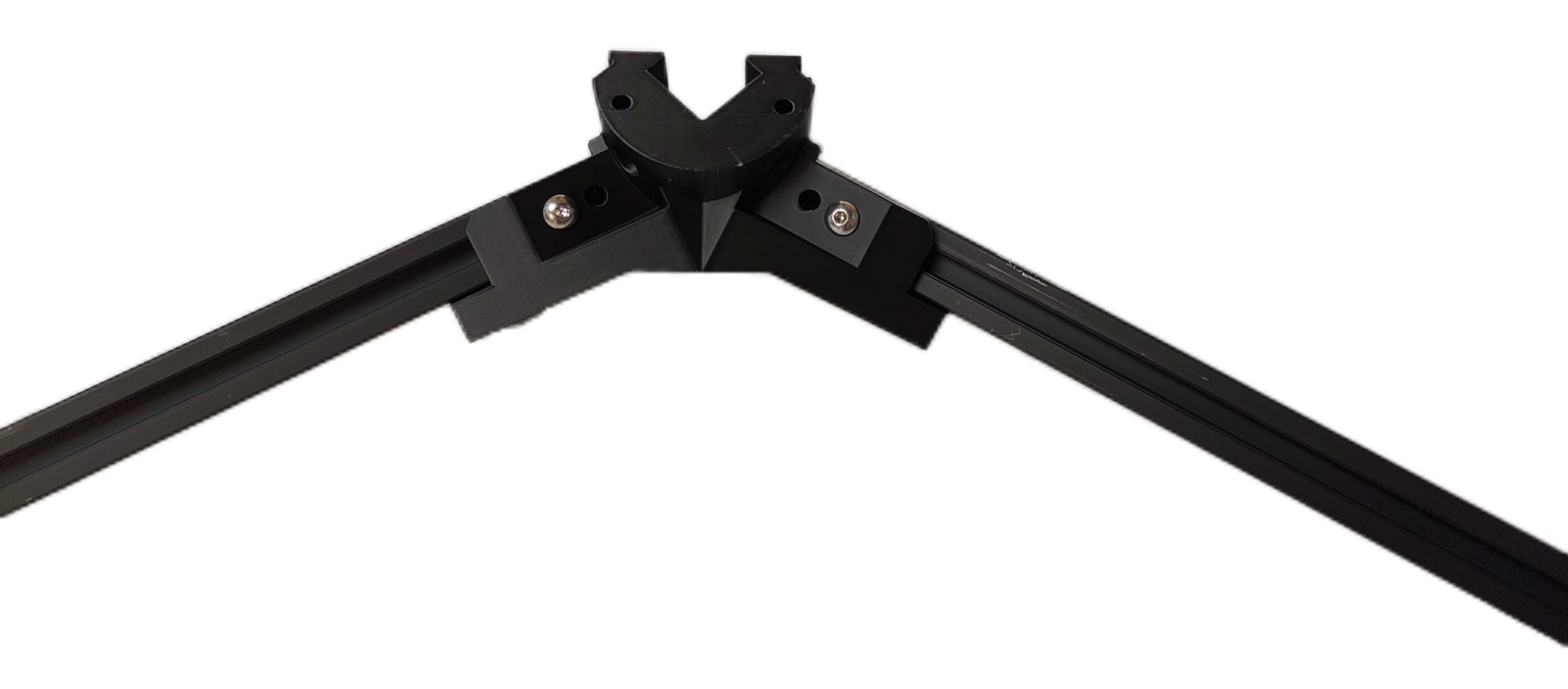 Two A aluminum extrusions meeting at an External bracket — side, forming one corner of the hexagon