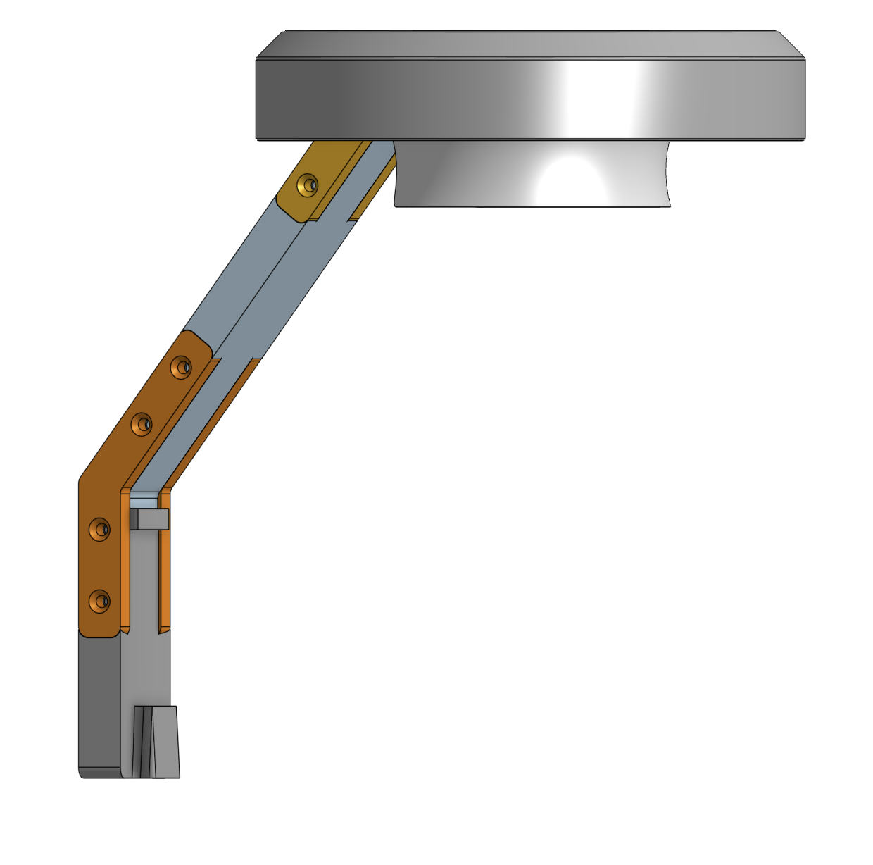 CAD render of the camera lamp in profile: the disc-shaped lamp overhanging at the top, carried on an arm that steps down at an angle to the C-channel arm mount, with a bracket along each joint