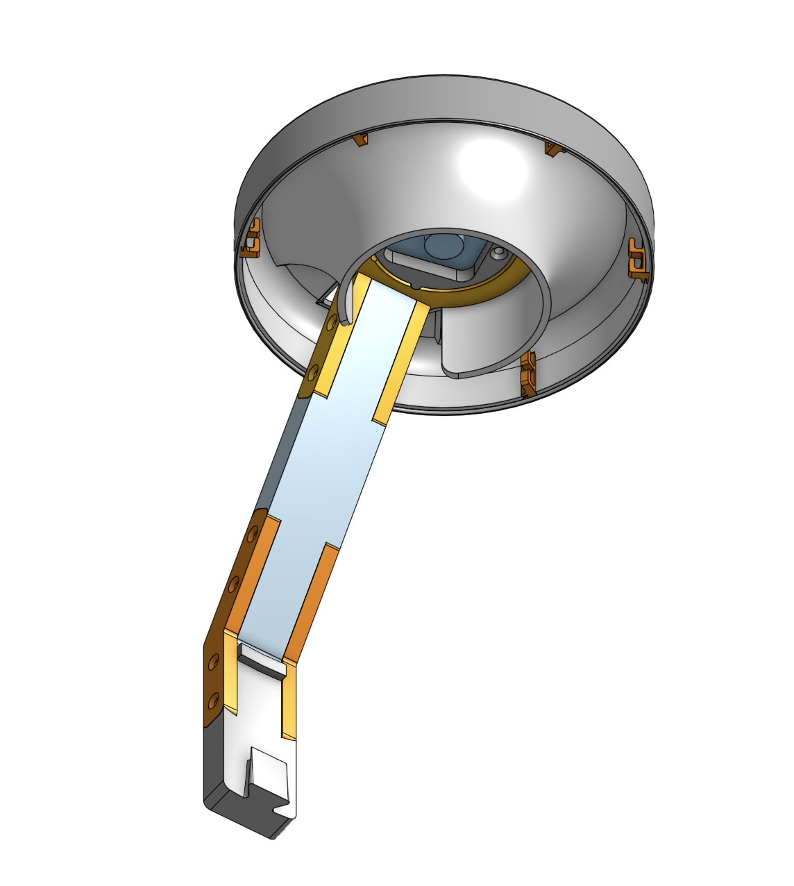 CAD render of the camera lamp seen from below: the inside of the cover with the reflector dome, the LED hooks spaced around the rim, the camera at the centre, and the arm reaching up into it