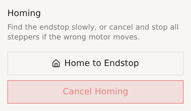 The Homing block on the chute settings page with the Home to Endstop and Cancel Homing buttons