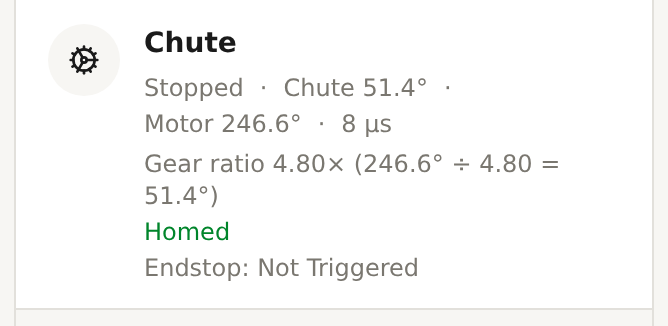 The chute status panel showing Stopped, chute 51.4 degrees, motor 246.6 degrees, gear ratio 4.80, and a green Homed label