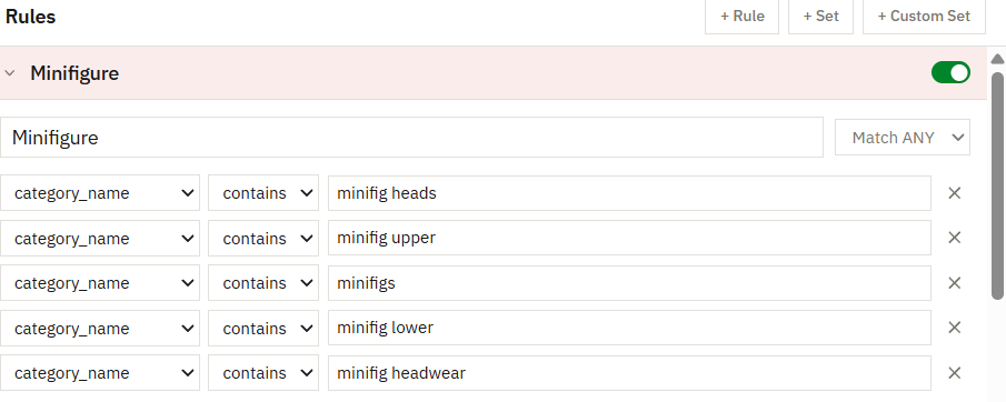 A rule named Minifigure, set to Match ANY, with five conditions: category_name contains minifig heads, minifig upper, minifigs, minifig lower, minifig headwear.