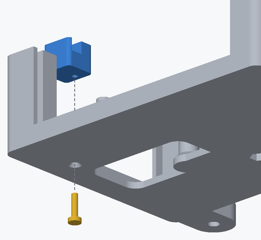 Render of the west end of the housing base seen from below and to one side, with the plunger retainer lifted above its landing, the countersunk screw below the base's floor, and a dashed line running from the screw up through the floor into the retainer