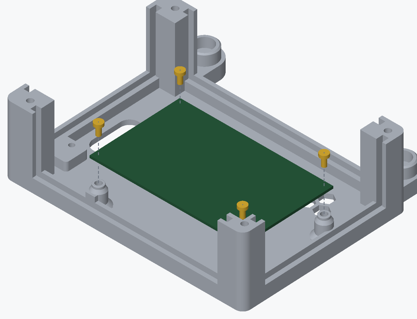 Exploded render of the Orange Pi held above the four posts in the base, with four button-head screws above the board again and dashed lines running from each screw down through the board into its post