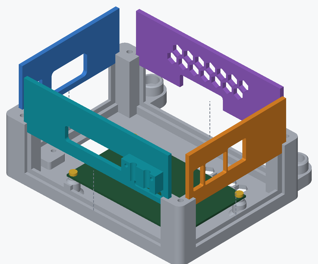 Exploded render of the four walls lifted clear of the base, each a different colour, with a dashed line from each one down into its groove: blue with a rounded window, teal with a long slot, orange with two square openings, purple with a hex vent pattern