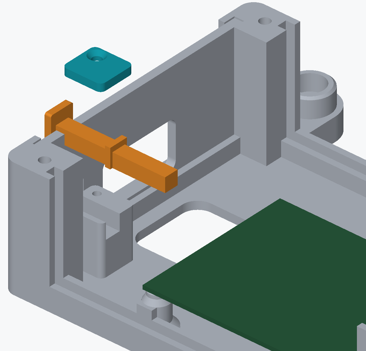 Close-up exploded render of the west end of the base with the retainer already fitted in grey, the plunger held above it with its square face pointing out towards the west wall, and the plunger cap above both
