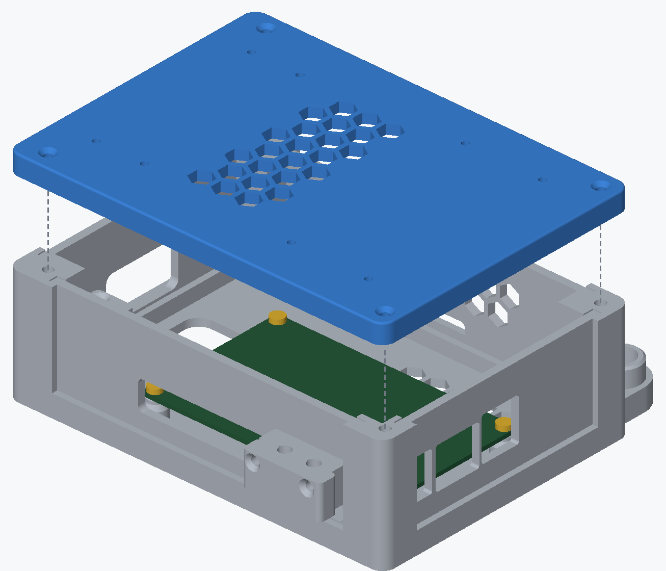Exploded render of the roof lifted above the closed walls, grooved side down, with a dashed line running from each corner of the roof to the corner post below it