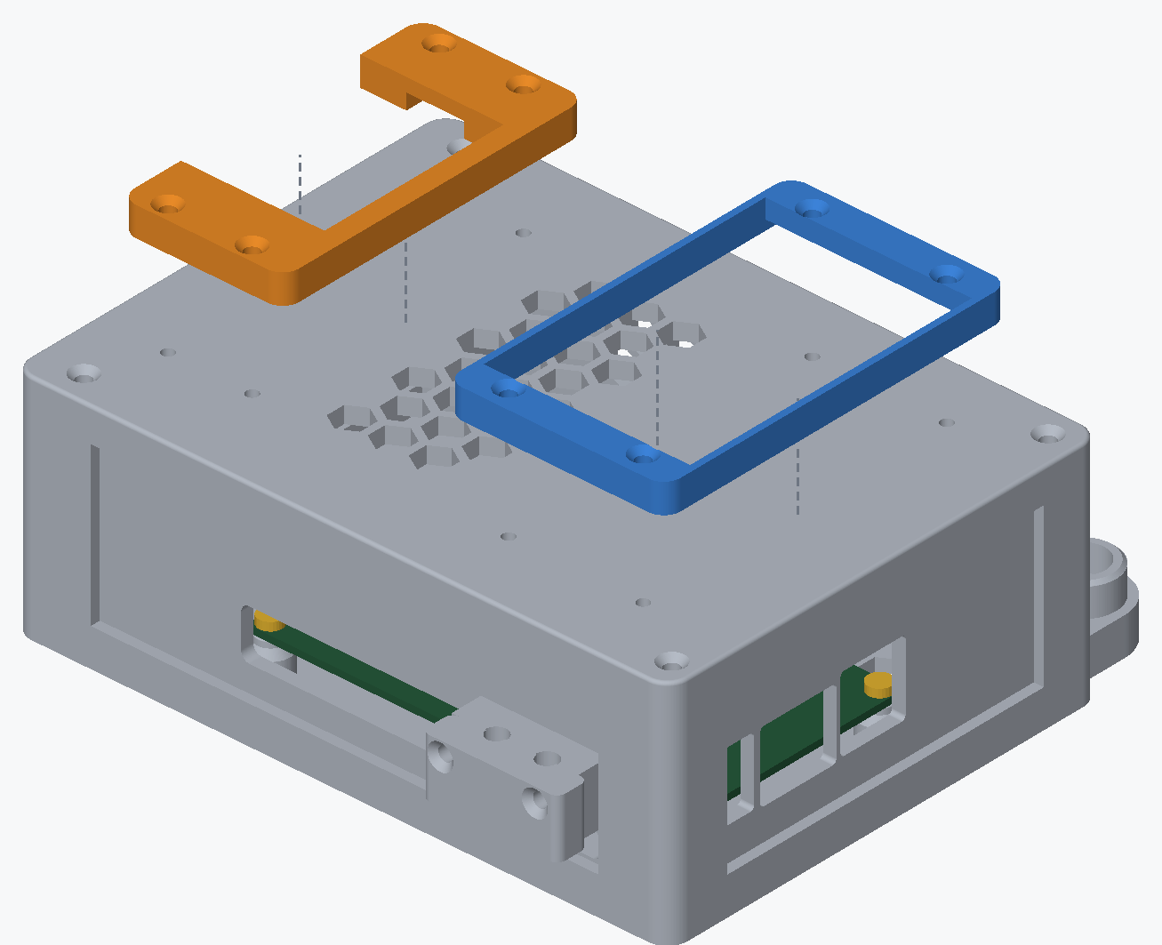 Exploded render of the two clamps lifted off the roof of the closed housing, a closed rectangular frame in blue and an open U-shaped one in orange, each with dashed lines down to its pilot holes