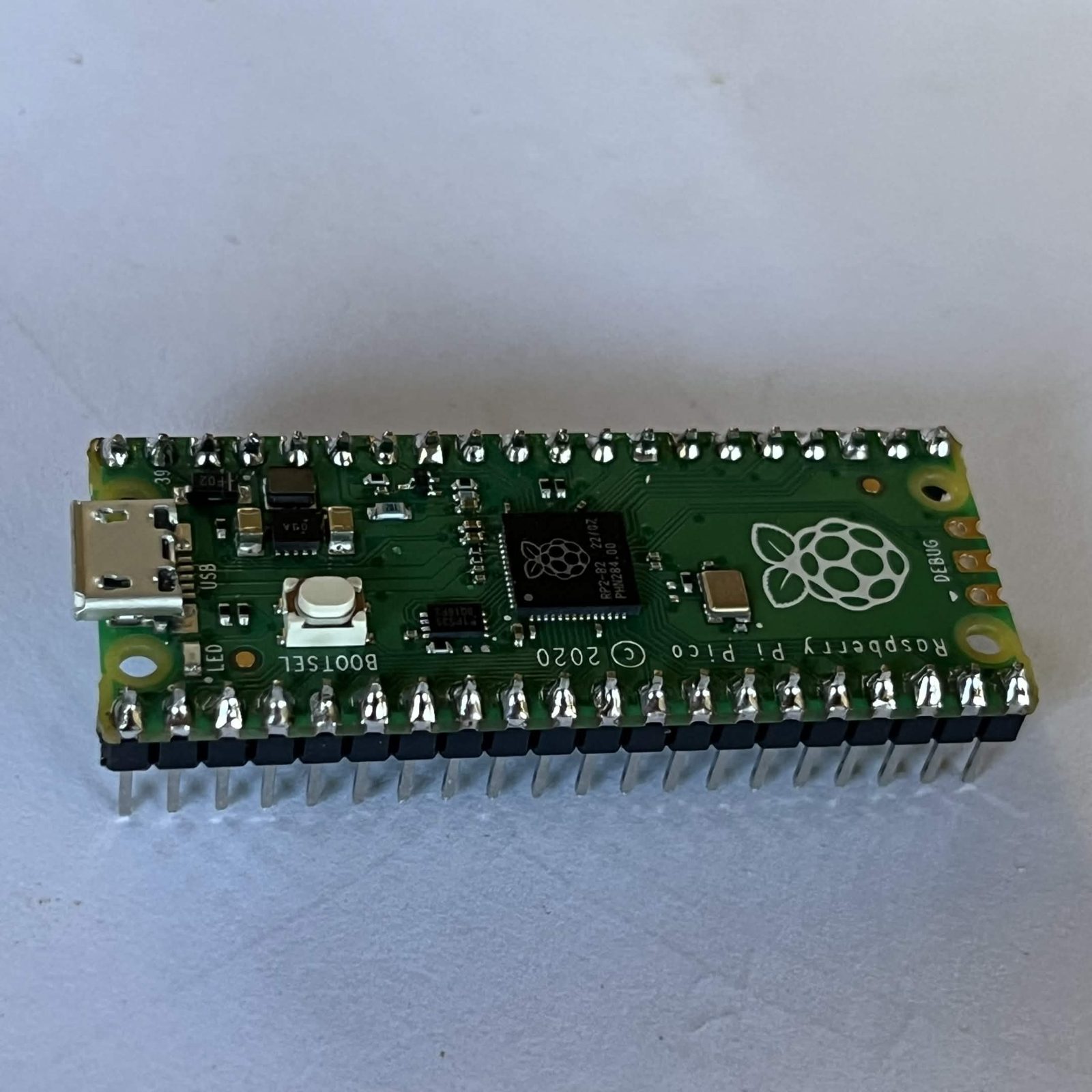 A Raspberry Pi Pico on a white background, seen at an angle from above with the chip and micro USB socket facing up, forty bright solder joints along its long edges and the pins pointing down away from the board