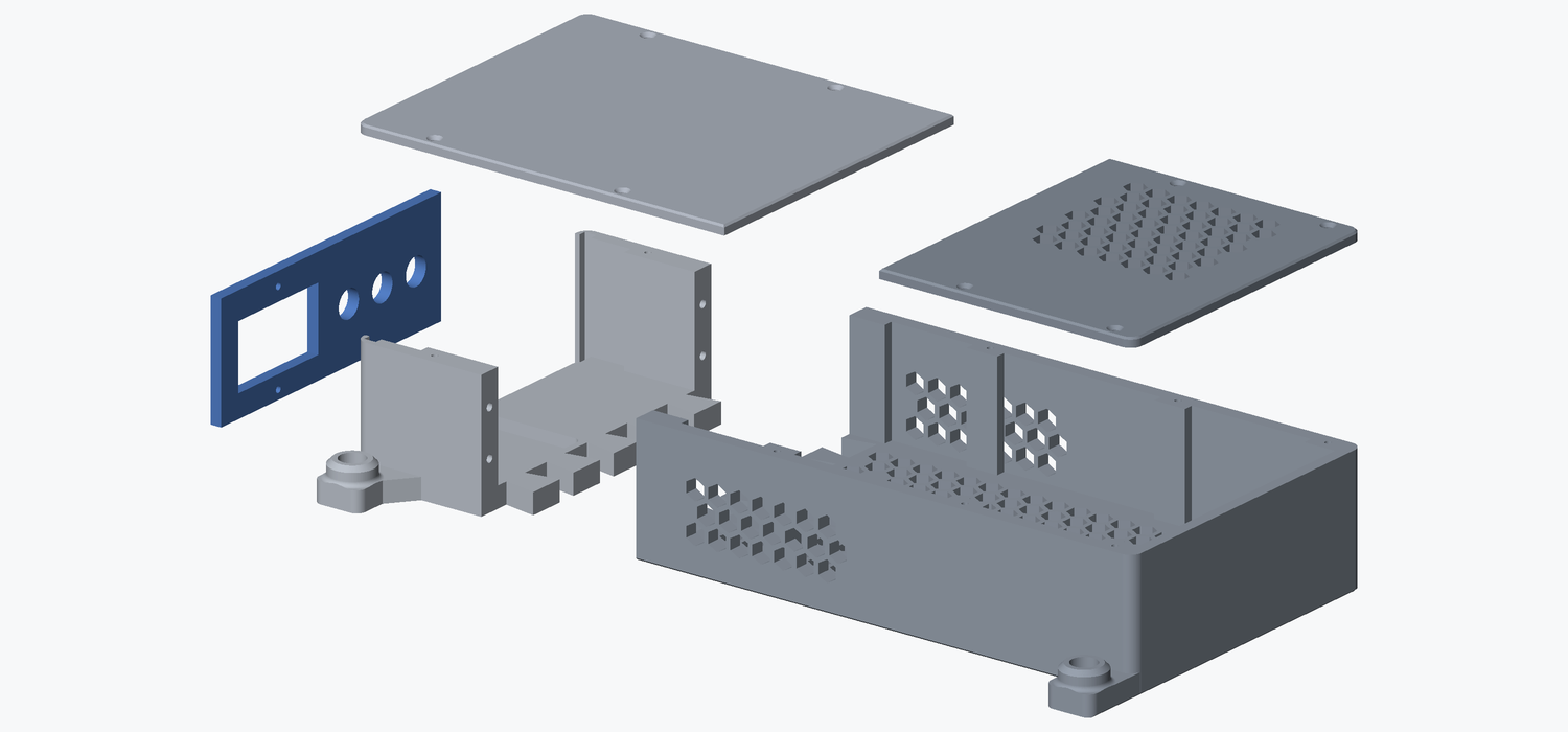 Exploded render of the five printed parts of the PSU housing in build order: the blue front panel at the front left, the light grey shell front module behind it, the grey shell rear tray with its honeycomb floor and vented walls, and above them the plain front lid and the vented rear lid