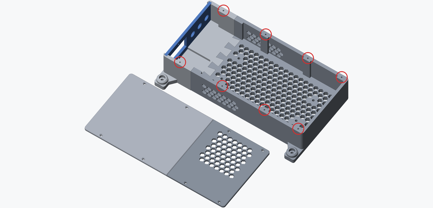 Render of the PSU housing with both lids lifted off and set down beside it, the plain front lid and the vented rear lid side by side, and all eight self-tapping bosses in the two shell parts ringed on the open box
