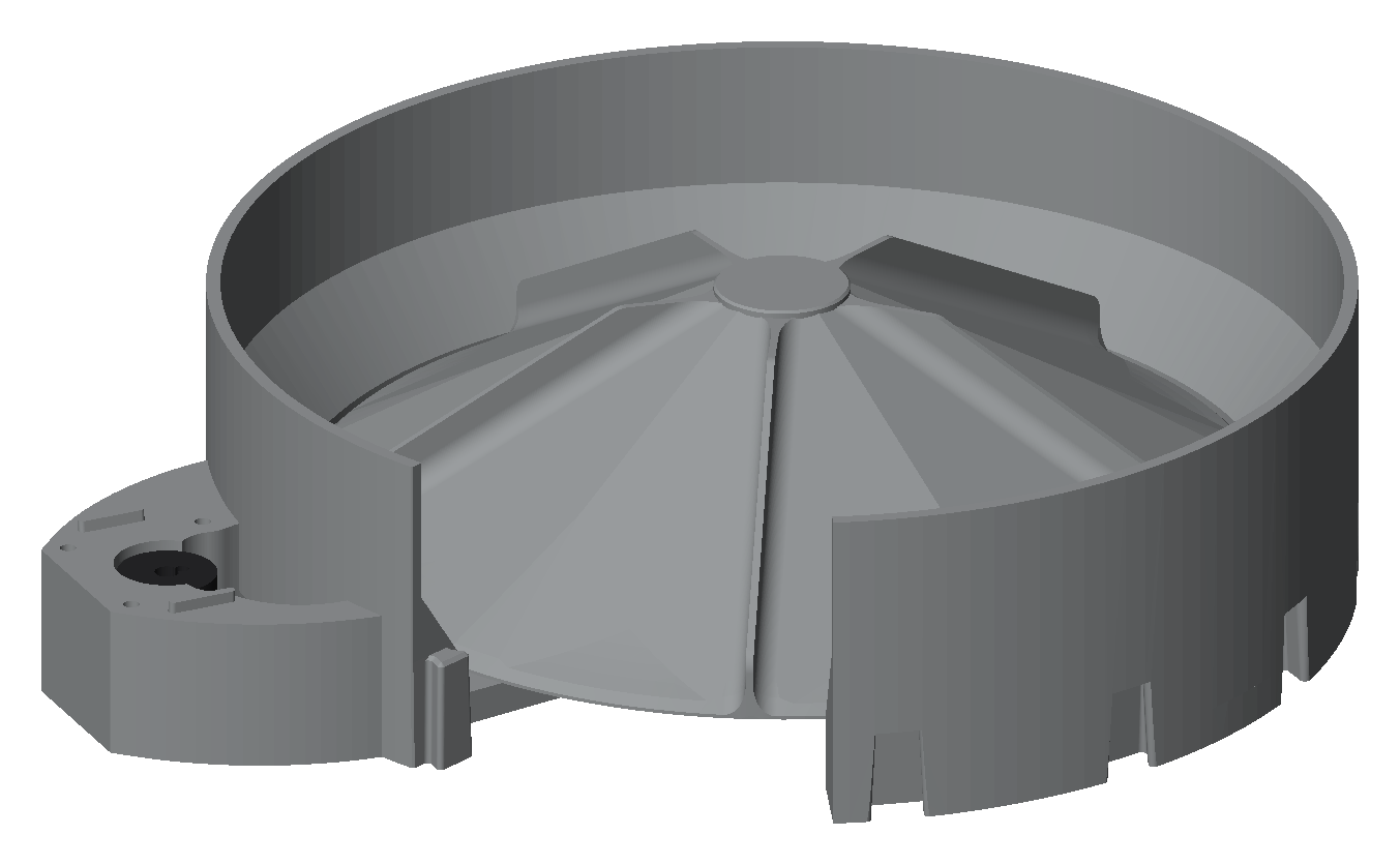 Render of the finished classification channel: the finned rotor sitting down in the stator ring with its cap seated in the middle of it, its fins running out to the rim