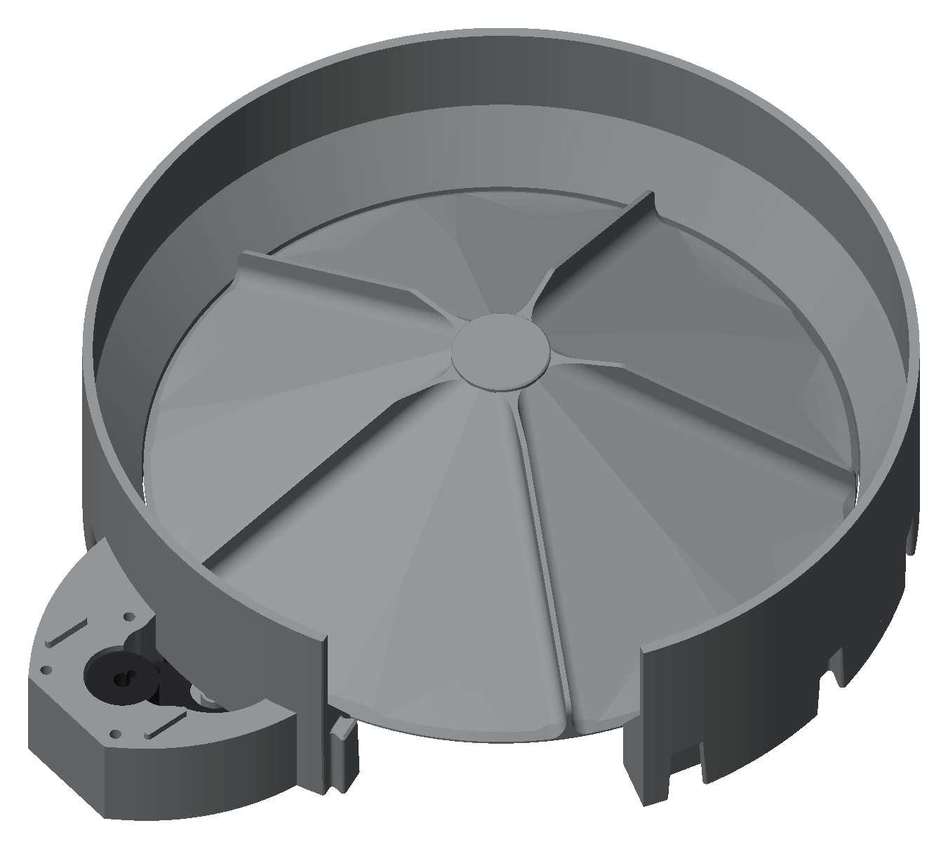 Render of the classification channel from above: the finned rotor sitting down in the stator ring with its fins running out to the rim, the rotor cap seated as a round disc in the middle of it, and the gear train and bracket outside the ring