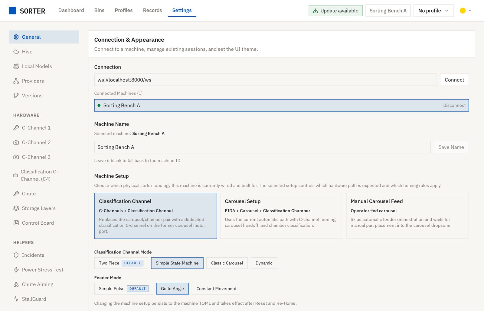 The top of the General settings page, showing the connection, the machine name and the three machine setup choices