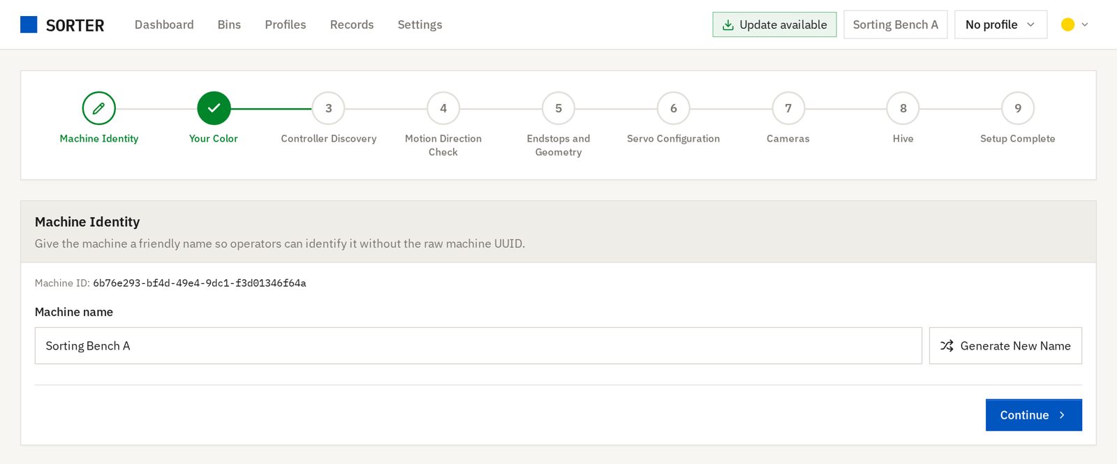 The setup wizard on step 1, with the nine steps along the top and a machine name field below
