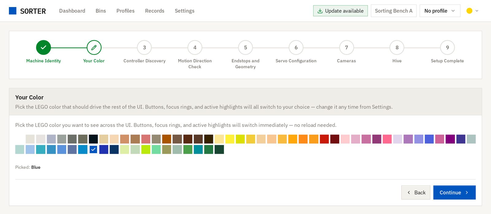 Step 2 of the wizard, showing a grid of LEGO colors with one selected