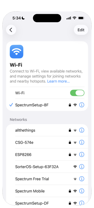 An iPhone's WiFi settings listing a network called SorterOS-Setup-63F32A among the nearby networks