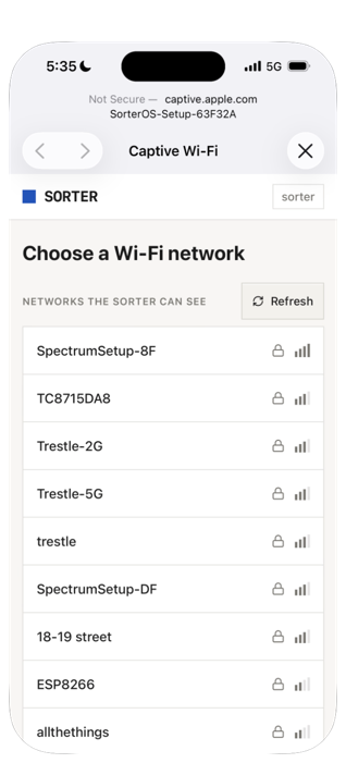 The Sorter's setup page in the phone's sign-in window, listing the WiFi networks the Sorter can see
