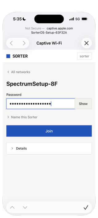 The setup page asking for the password of the chosen network, with a Join button