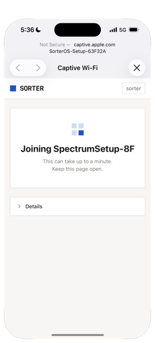 The setup page saying it is joining the network, and to keep the page open