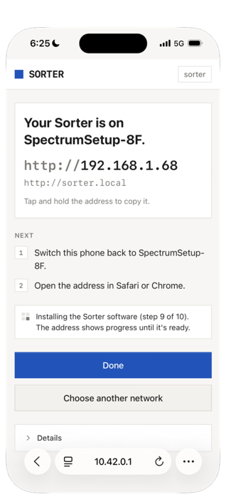 The setup page saying the Sorter is on the network, with its address, the next steps and a Done button