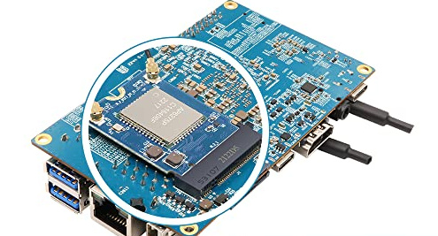 The underside of an Orange Pi 5 held at an angle, with the AP6275P module seated in the black M.2 connector and two antenna leads running off the edge of the board; a circle drawn over that part of the board magnifies it, showing the module's shielded can, the gold antenna socket at its near corner with a lead clipped on, and the row of gold contacts disappearing into the slot