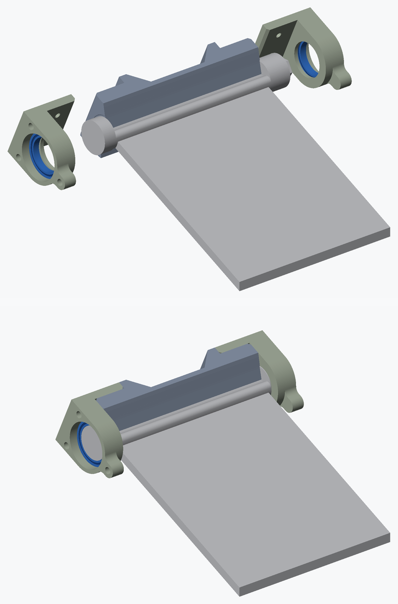Two renders, one above the other: on top the chute door with its shaft, the bearing race over the shaft, and the two bearing holders drawn out along the shaft with a blue bearing in each; below, the same parts pushed together so the holders sit on the ends of the race