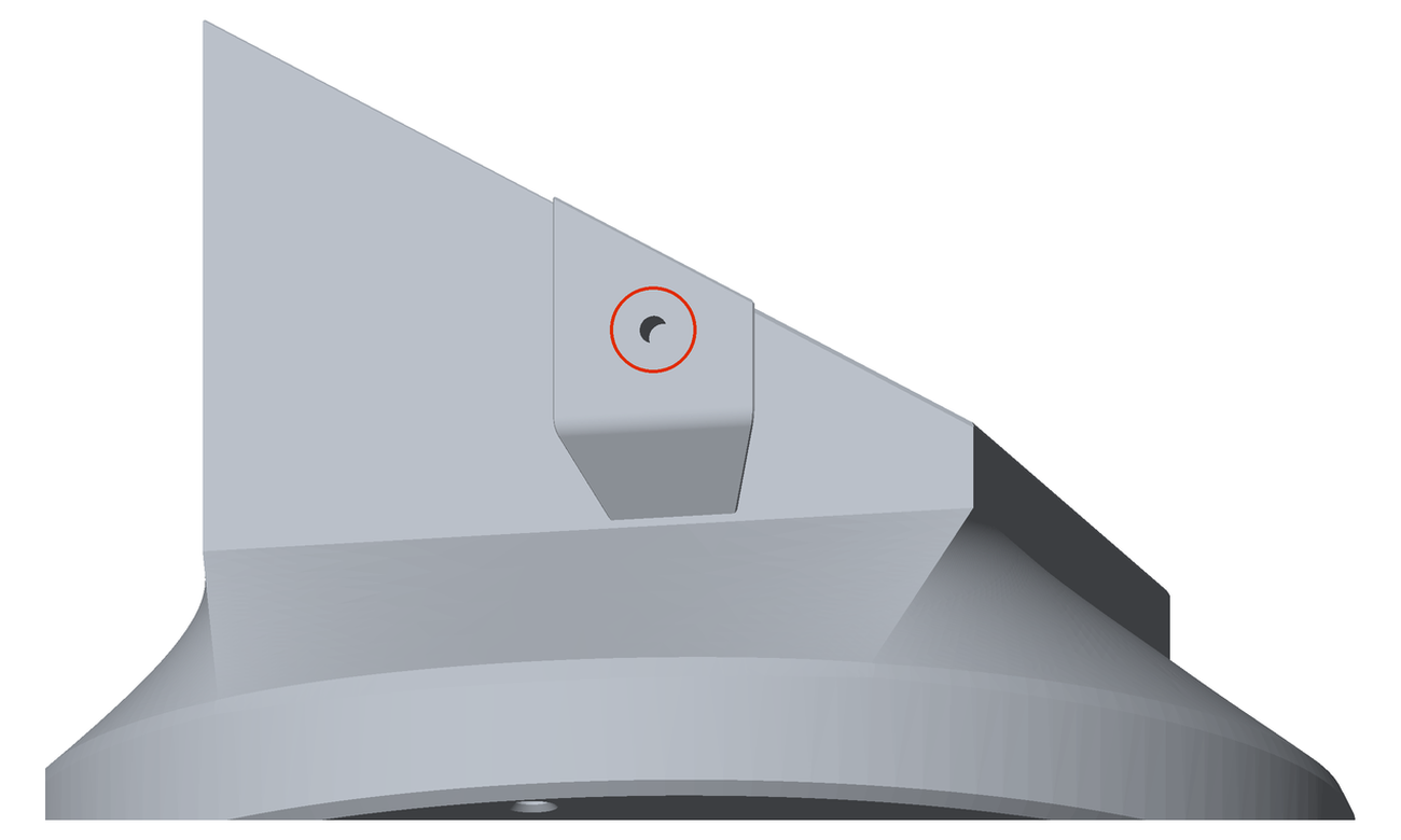 Render of the Lazy Susan chute mount's side face, with a red circle around the small pocket on the raised tab partway up the wall