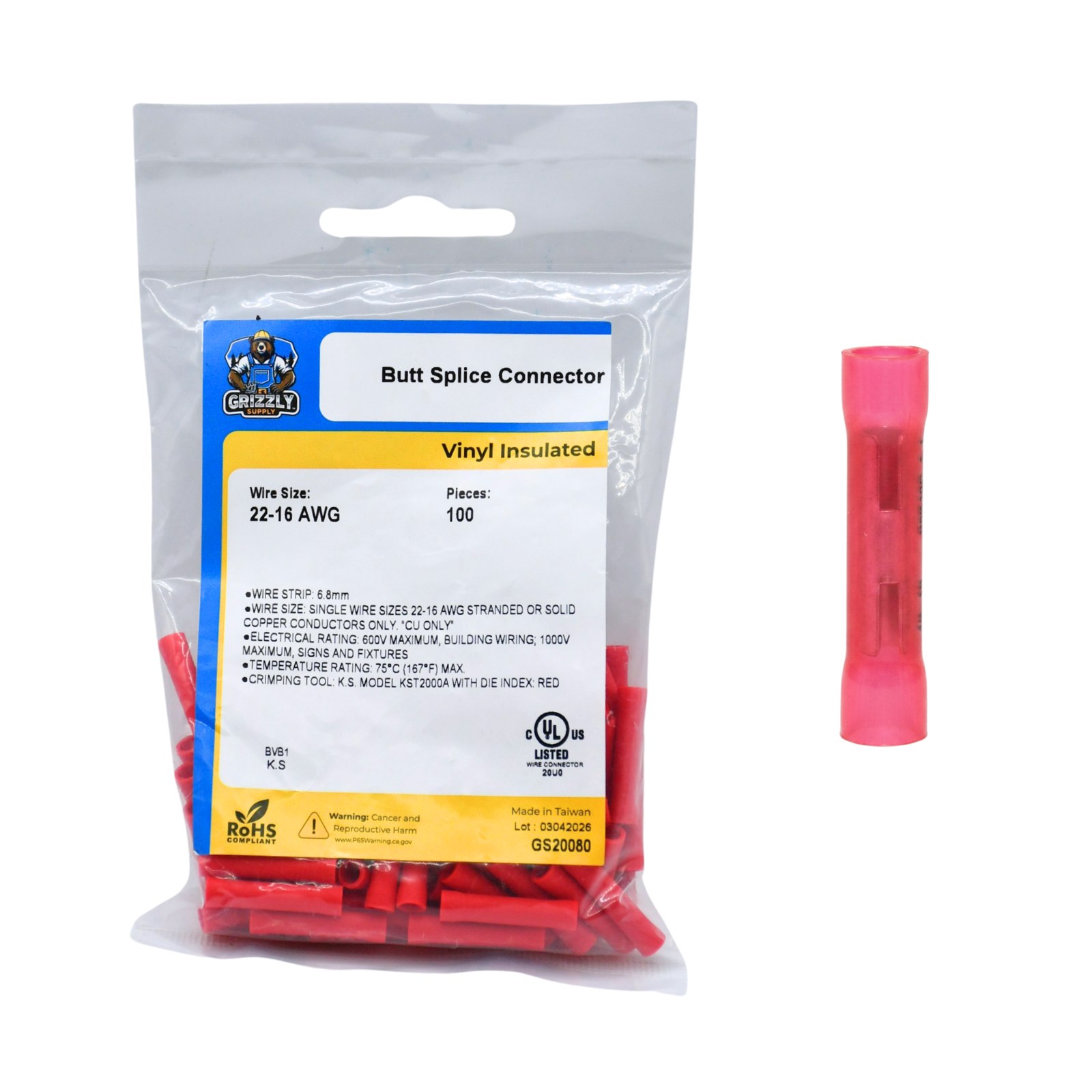 Insulated butt connector, red, 22-16 AWG