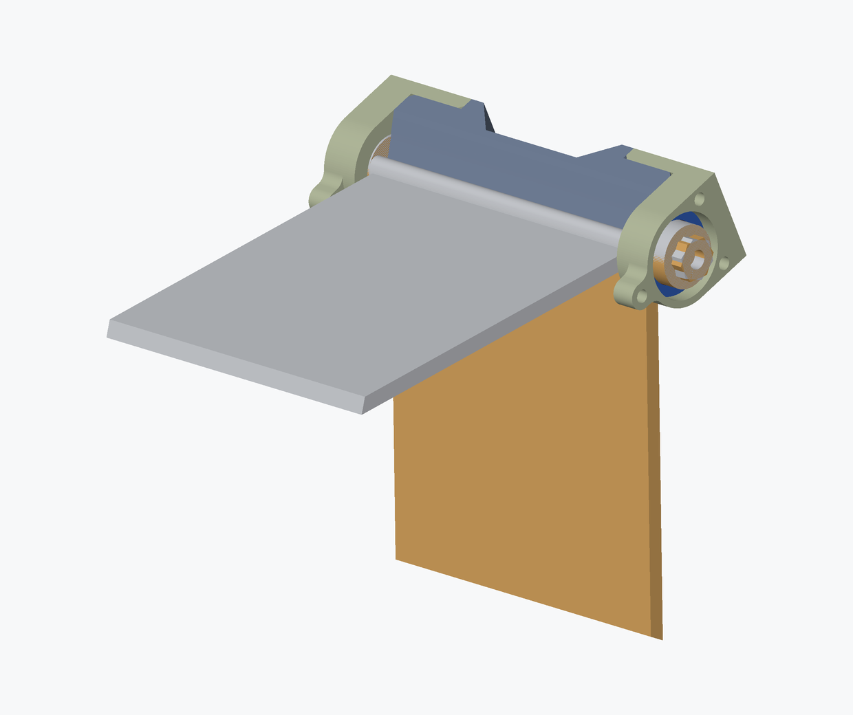 Render of the assembled door module seen from the servo end at an angle, with the chute door drawn twice: once in grey lying almost flat, and once in orange hanging almost vertically, both pivoting on the same shaft below the bearing race