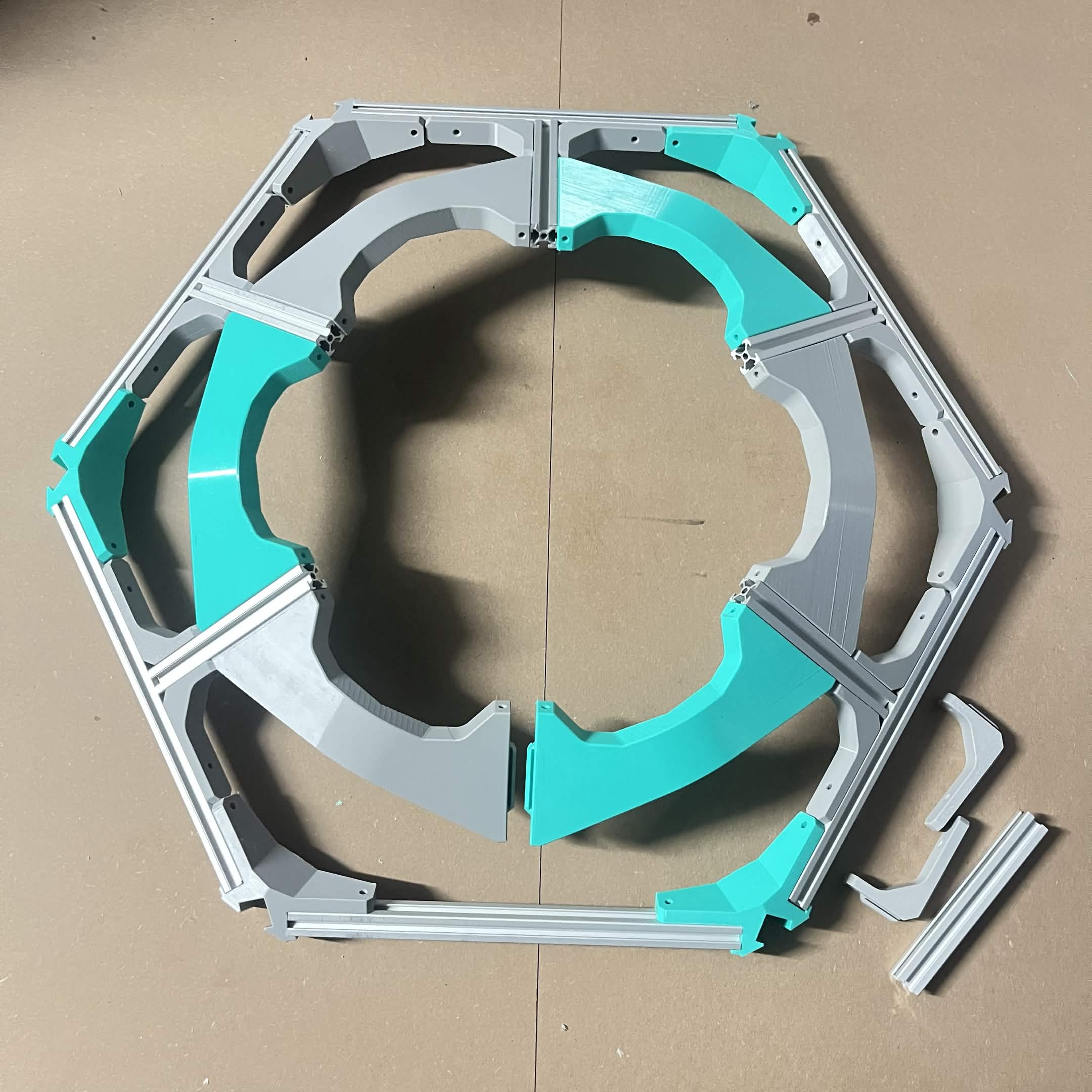 The assembled frame flipped over, held together with outward pressure on the brackets