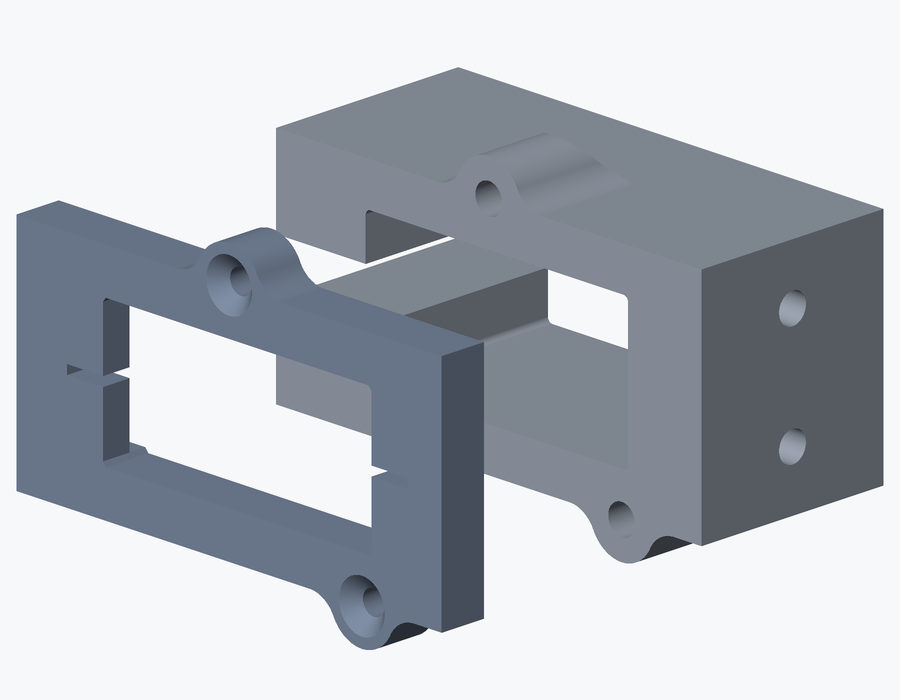 Render of the servo bracket housing with the cover pulled off it, showing the open pocket the servo slides into and the two screw lugs that line up between the cover and the housing