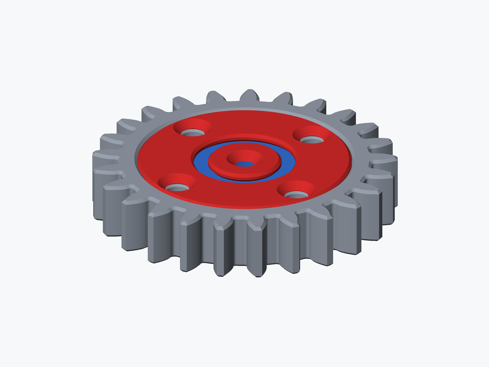 The Interface idler gear seen from below at an angle, assembled, with the bearing highlighted in blue showing through the centre and the outer and inner bearing retainer caps highlighted in red, the outer retainer's four countersunk screw holes visible