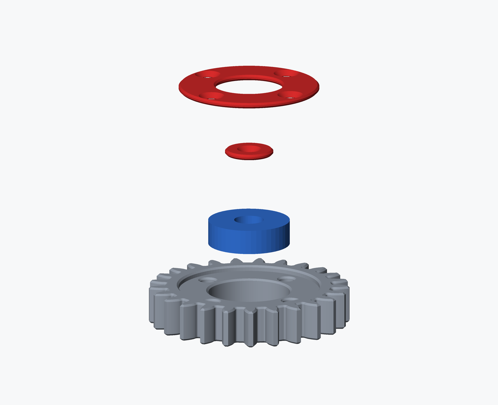 An exploded view from below of the idler gear stack in build order: the grey gear, the bearing highlighted in blue, and the inner and outer bearing retainer caps highlighted in red