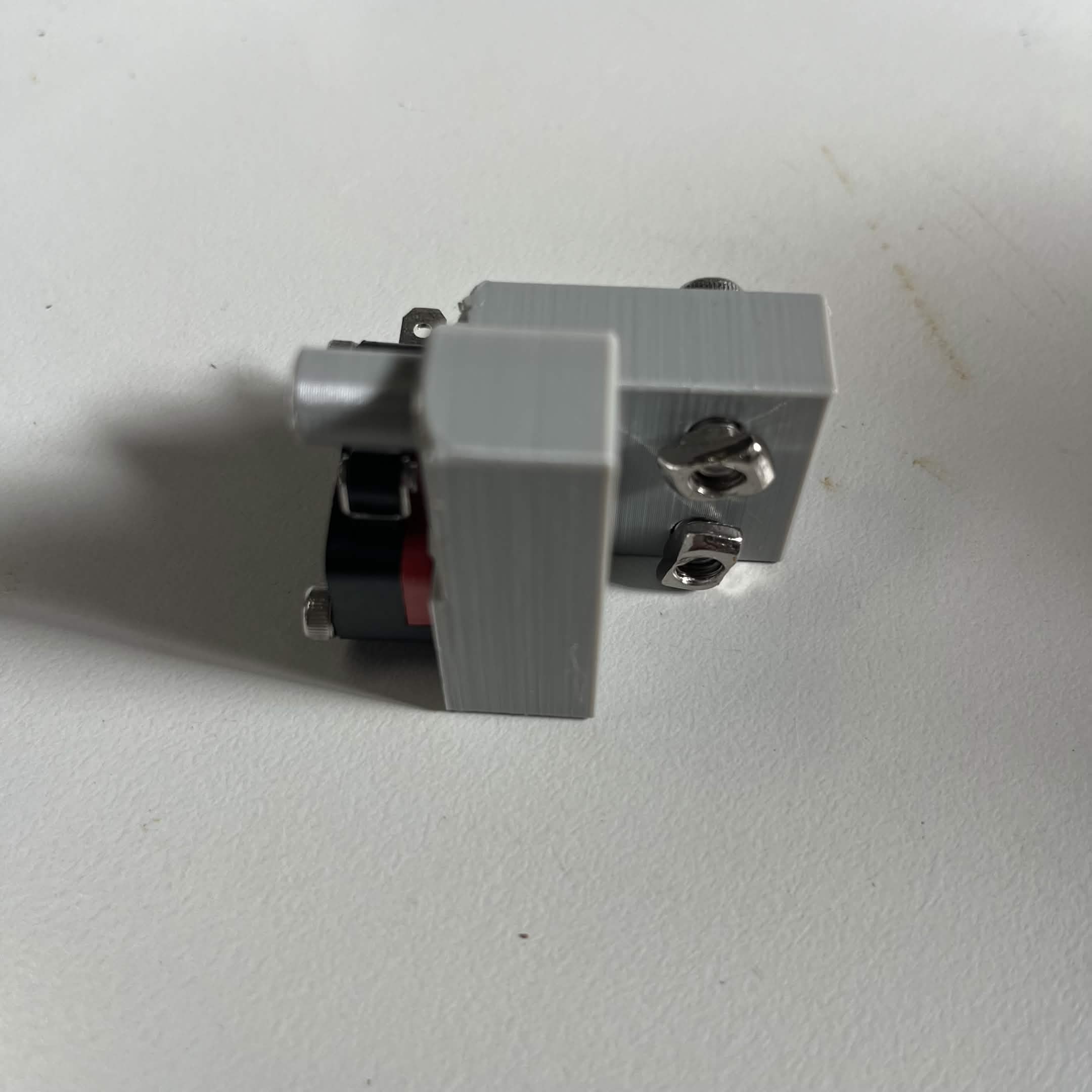 Two T-nuts threaded onto their screws on the Limit switch housing's mounting face, ready for the extrusion