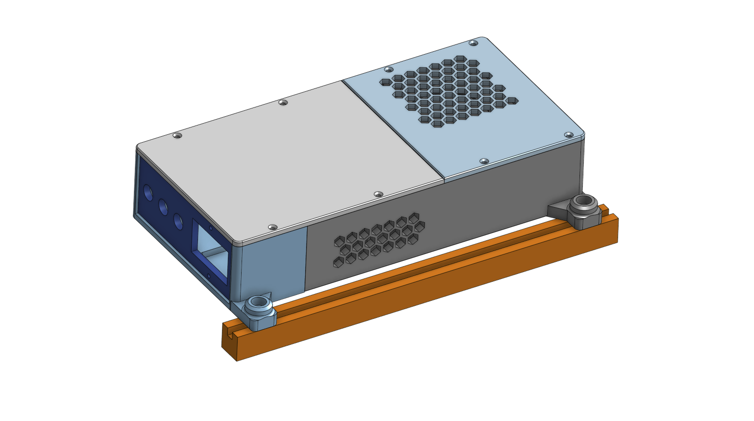 Render of the closed PSU box bolted onto a 2020 extrusion by the clamp bosses at each end, its vented rear lid on top and its front panel carrying the mains inlet and the three output jacks