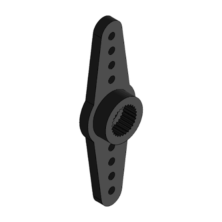 The MG995 Servo Horn, a two-arm splined servo arm that ships with the servo, with its splined sleeve facing to the right