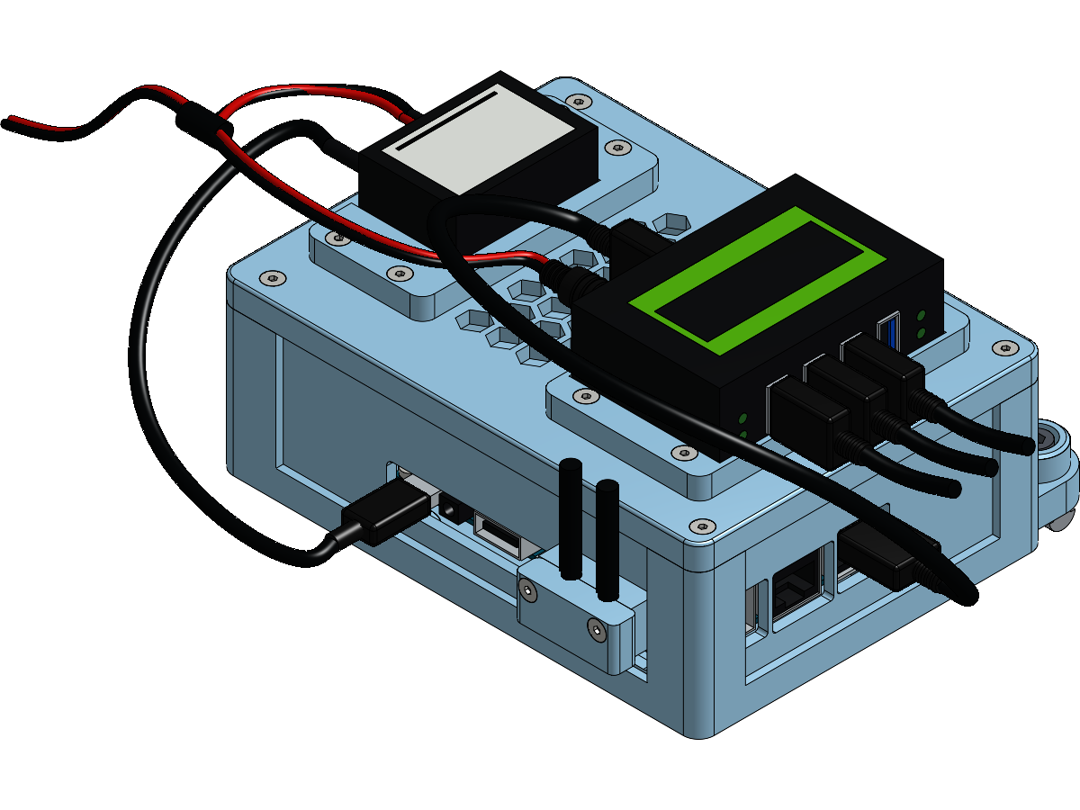 Render of the Orange Pi housing with the USB hub and the buck converter clamped to its roof and the two WiFi antennas standing in their clamp on its long wall