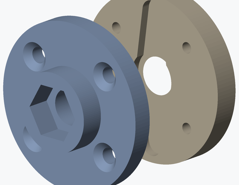 Exploded render of the two servo adapter halves facing each other: the flap-side half in blue on the left showing its hexagonal socket and four countersunk holes, the servo-side half in tan on the right showing the long slot the two-arm horn seats in and its four pilot holes