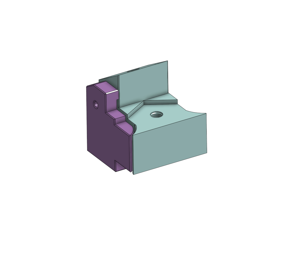 Onshape render of the cable-mount cage bracket (teal) with the ribbon cable clamp (purple) bolted to its post, one M3 hole visible through both