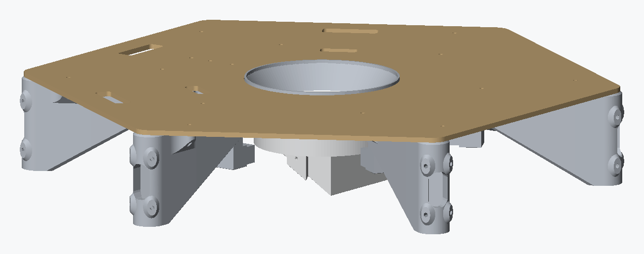 The finished top interface seen the way up it sits on the machine: the hexagonal top plate uppermost with the round opening through its centre, the six interface brackets splayed below it, and the chute mount hanging in the middle