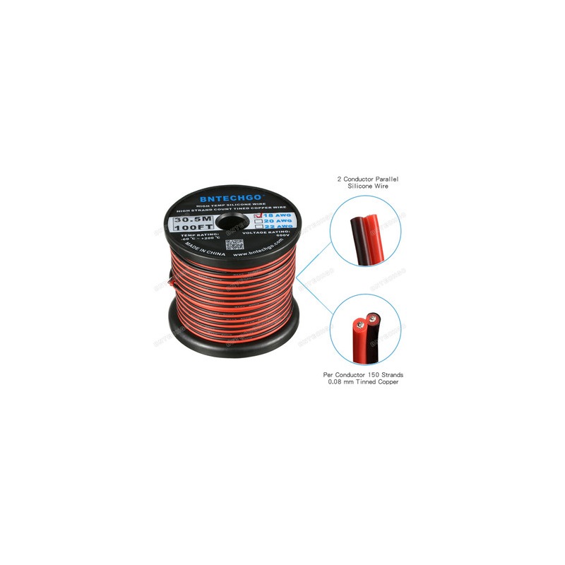 Hook-up wire, 18 AWG (0.82 mm²), 2-conductor red and black