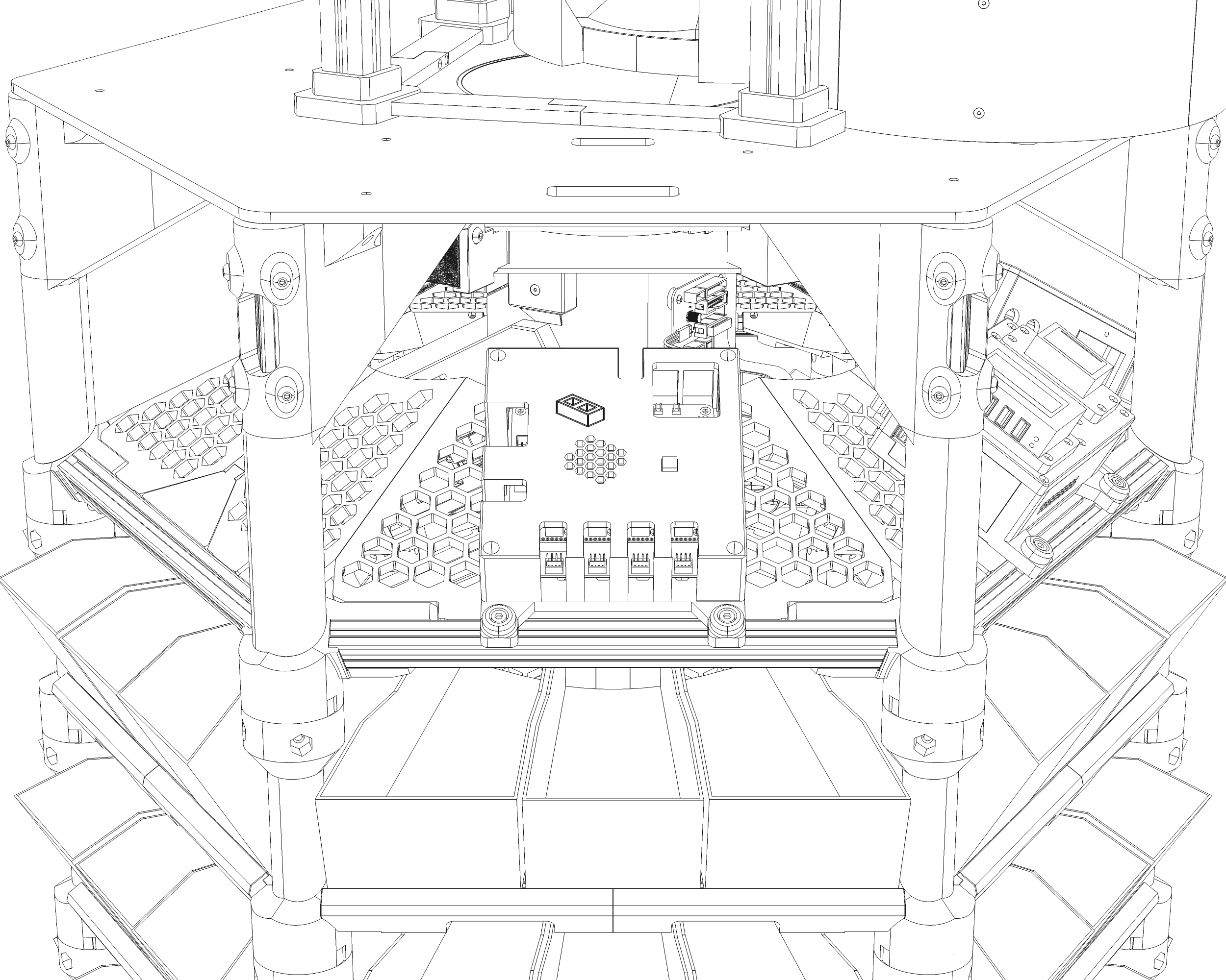 Line drawing of the electronics under the top plate, with the control board in its housing