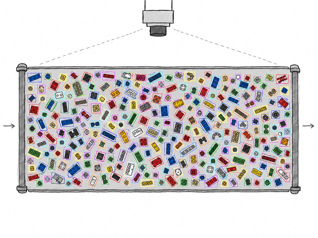 Conveyor of LEGO pieces with object-tracking bounding boxes